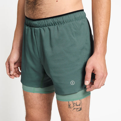 close front view of ciele athletics DLYShort 5 inch with a long brief in silver pine color on a model