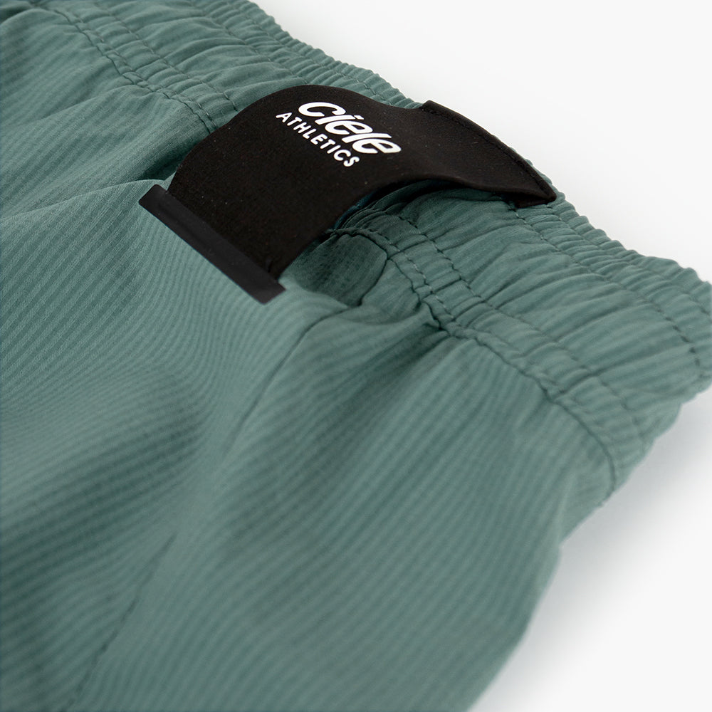 detail view of the back loop of the ciele athletics WRKShort unisex running and technical short from the Lifestyle Edition collection, in silver pine color