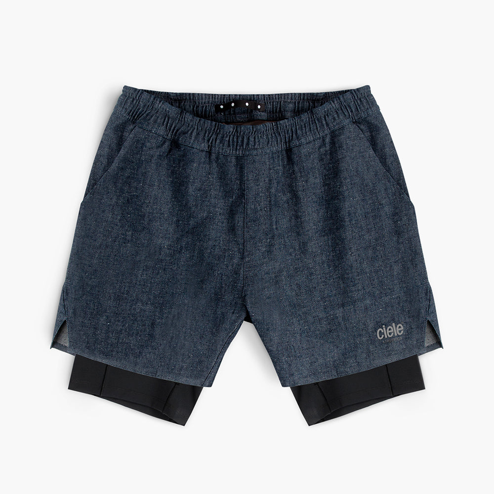 front view of ciele athletics WRKShort unisex running and technical short from the Lifestyle Edition collection, in denim indigo color
