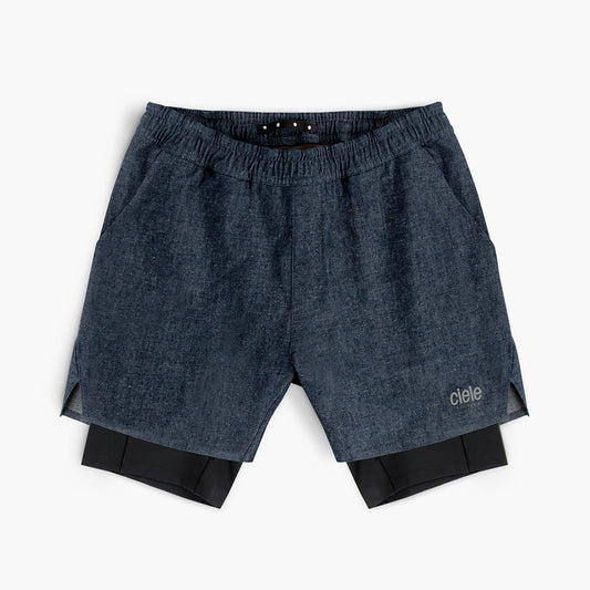 front view of ciele athletics WRKShort unisex running and technical short from the Lifestyle Edition collection, in denim indigo color