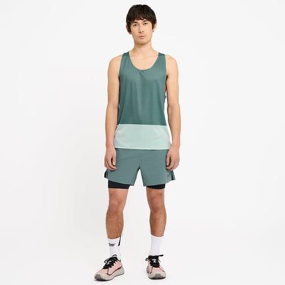 front view of ciele athletics WRKShort unisex running and technical short from the Lifestyle Edition collection, in silver pine color, on a model, worn with the RDSinglet from the Lifestyle Edition collection