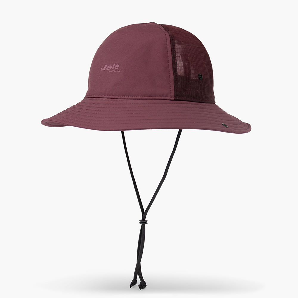 front view of the ciele athletics TRLBucket unisex running bucket hat in dark wine red color, with the underchin adjustement