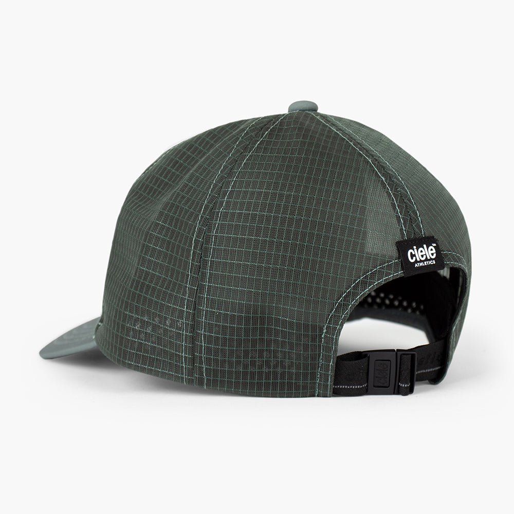 back view of the ciele athletics TRLCap unisex running hat with a curved brim in silver pine color