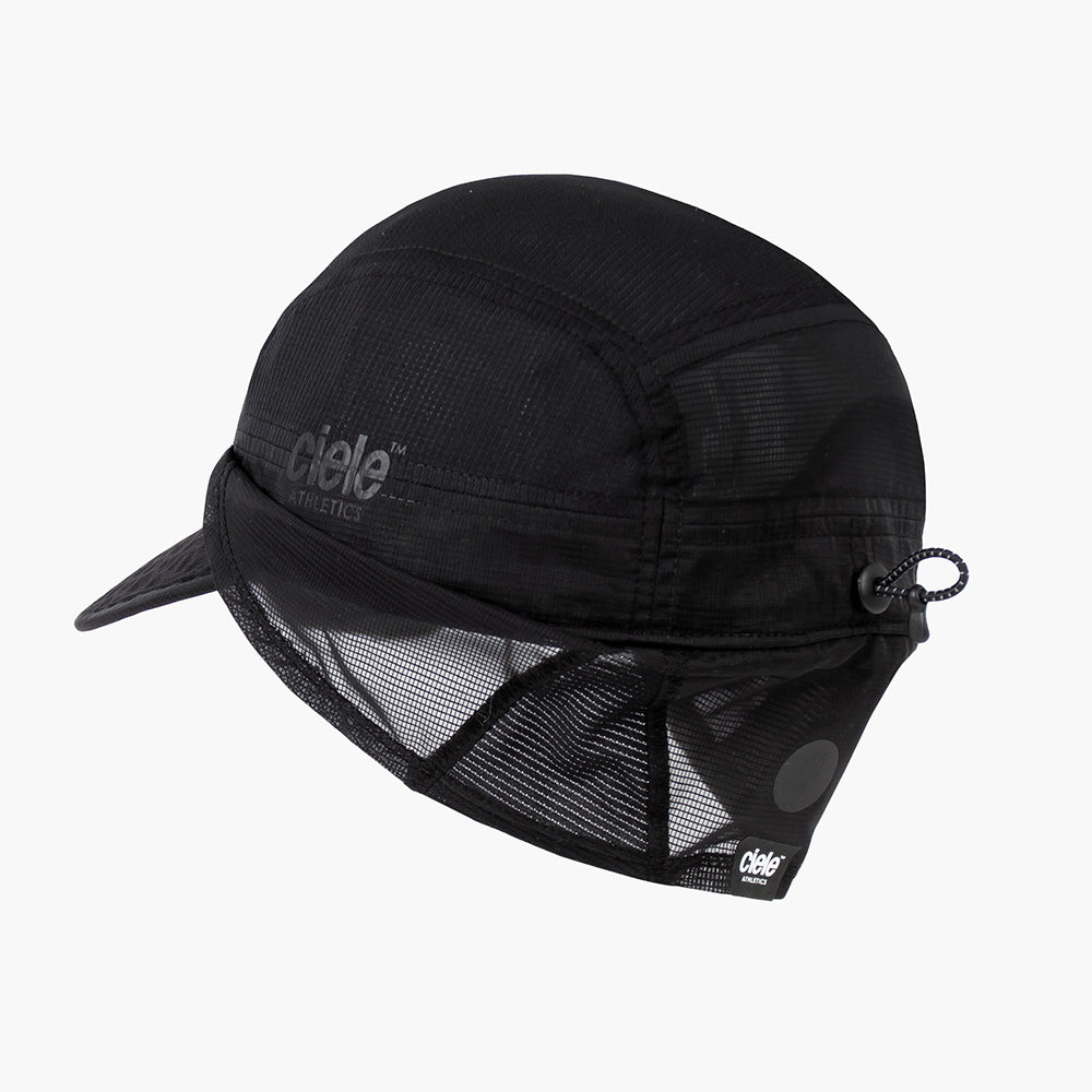 back view of ciele athletics GOCap solar unisex running hat from the Elite collection in shadowcast color, with the side shield unfolded