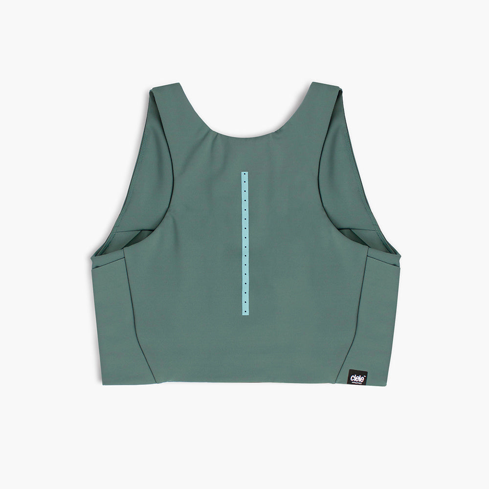 back view of ciele athletics FSTBra running bra in silver pine