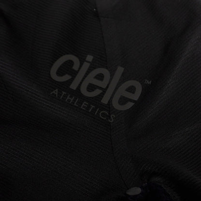 close up of the printed logo detail of the ciele athletics lightweight, race ready and performance driven T-Shirt for womens named RCDTShirt in shadowsphinx color